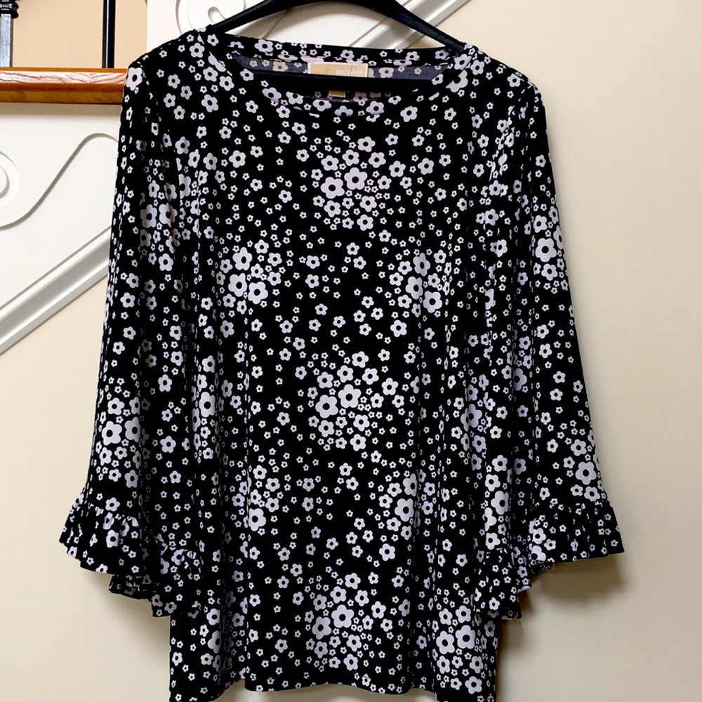 MICHAEL KORS Women’s Top Black and White Floral Balloon or Bell sleeves Size L